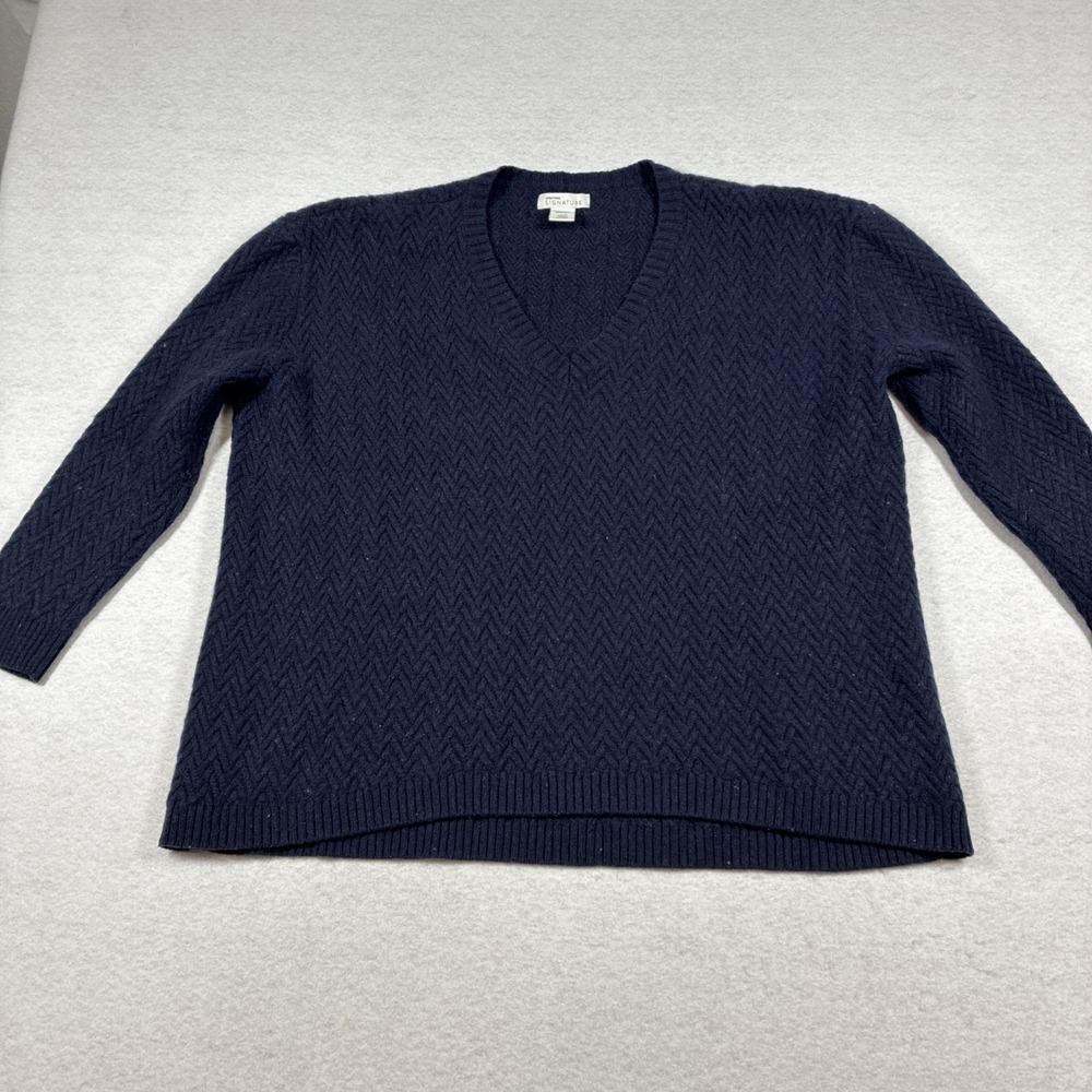 Nordstrom Signature Cashmere V-neck Herringbone Sweater Womens L Navy Tweed